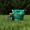 Sunday Dandelion Doom concentrate bottle and Weed Killer concentrate pouch with hose and spray wand displayed on grass with a blurred garden background.