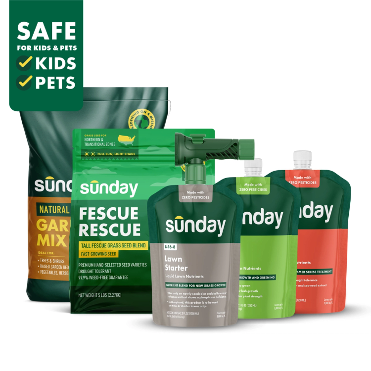 Start Your Lawn from Scratch Kit includes: Fescue Rescue Grass Seed, Lawn Starter, Lawn Kickstart, Lawn Aid, and NEW Replacement Sprayer