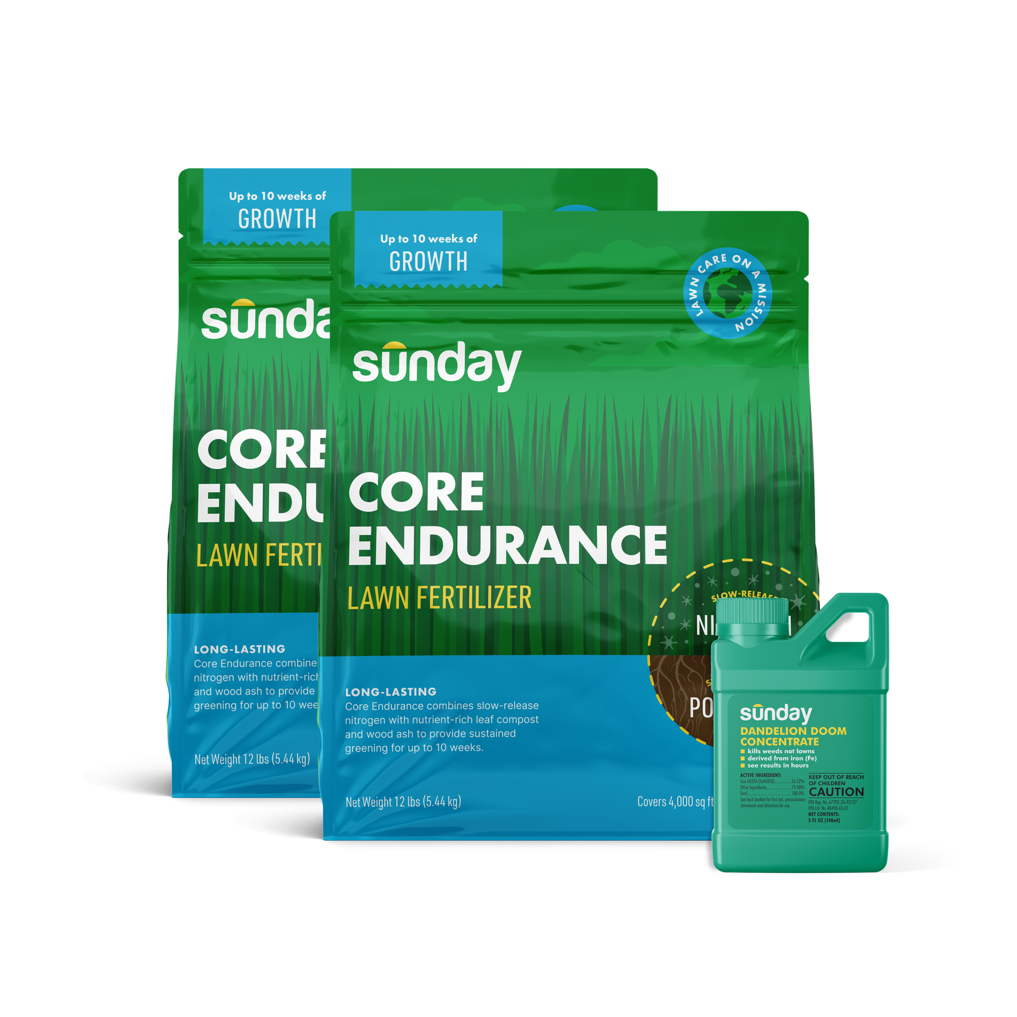Summer Granular Fertilizer Kit includes: Core Endurance, Sunday Herbicide Pouch, Motorized Wand Sprayer, and Dandelion Doom Herbicide Concentrate Refill