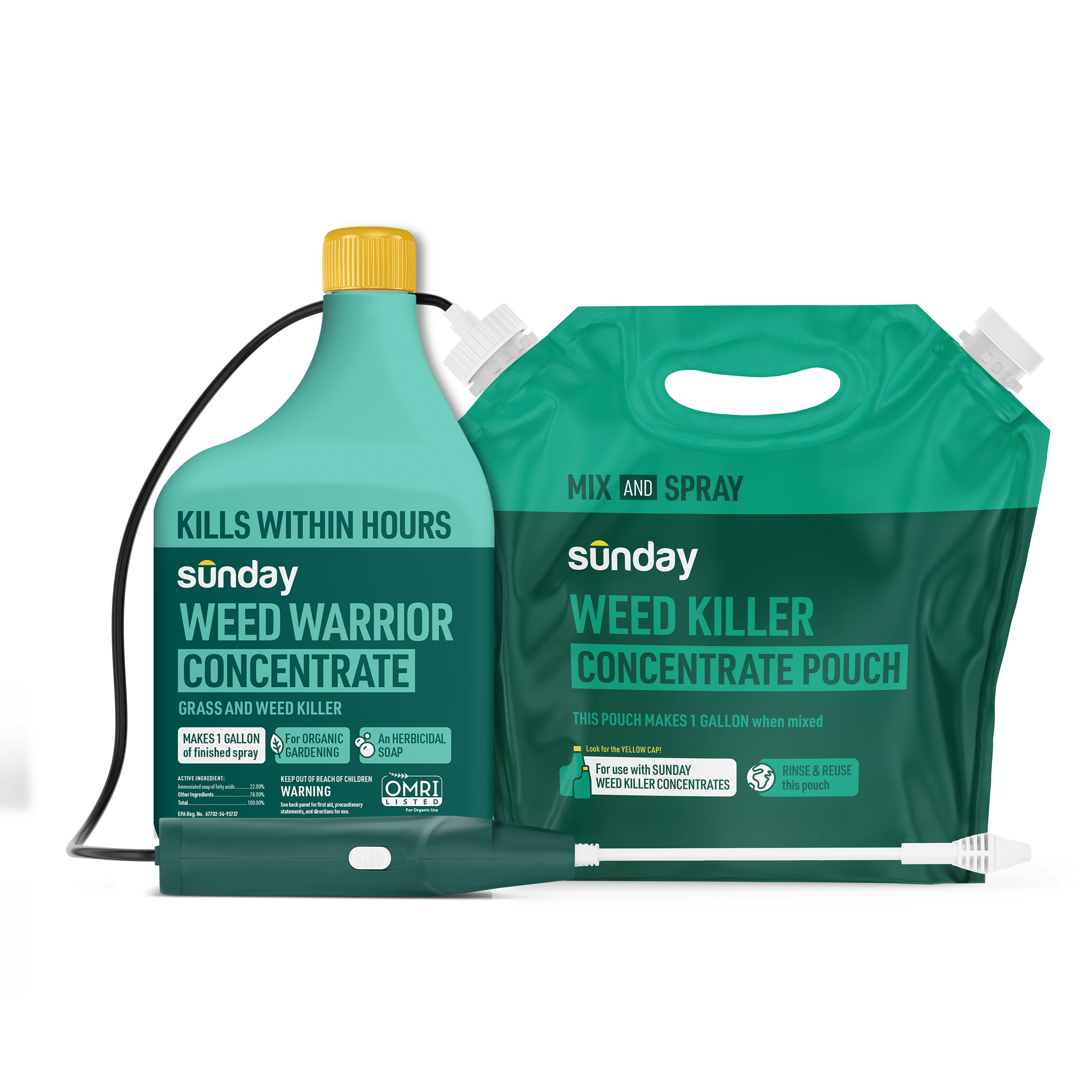 Sunday Weed Warrior weed-and-grass killer starter pack on a black background, showing a teal concentrate bottle with a yellow cap, a refill concentrate pouch, and a spray wand with hose.