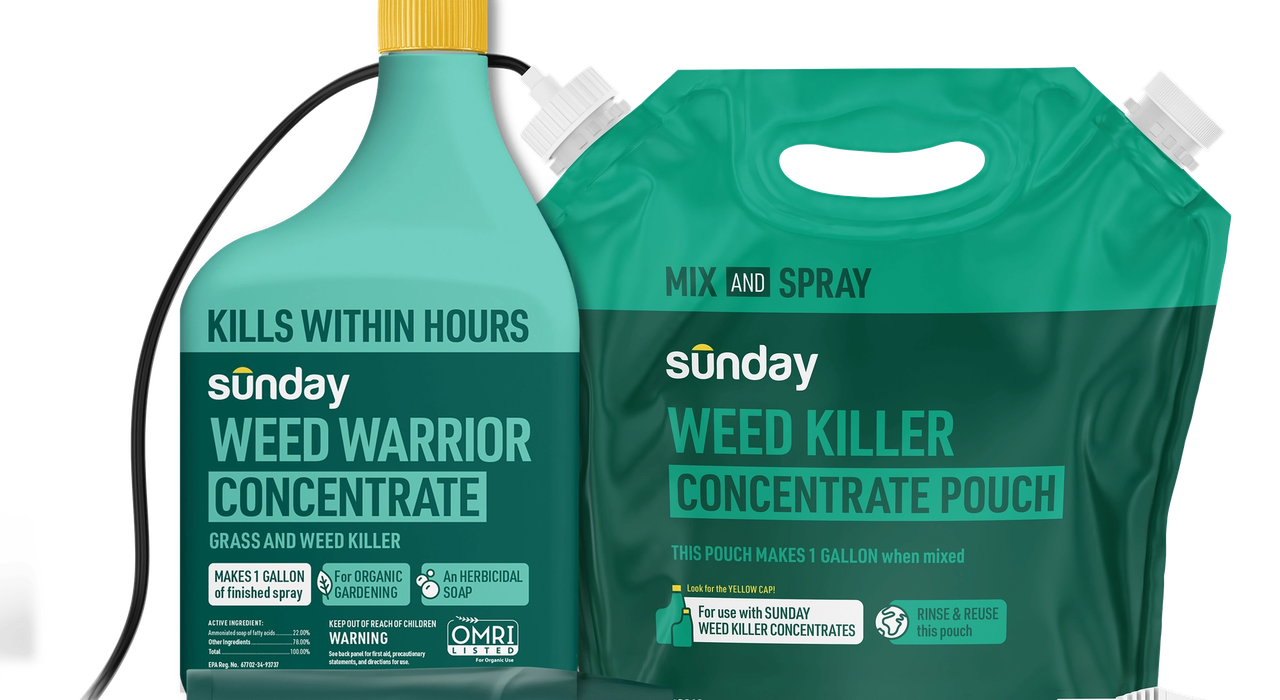 Sunday Weed Warrior weed-and-grass killer starter pack on a black background, showing a teal concentrate bottle with a yellow cap, a refill concentrate pouch, and a spray wand with hose.