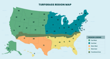 Turfgrass region map, including the Cool West, Cool East, Warm West, Warm East, and Transitional Zone