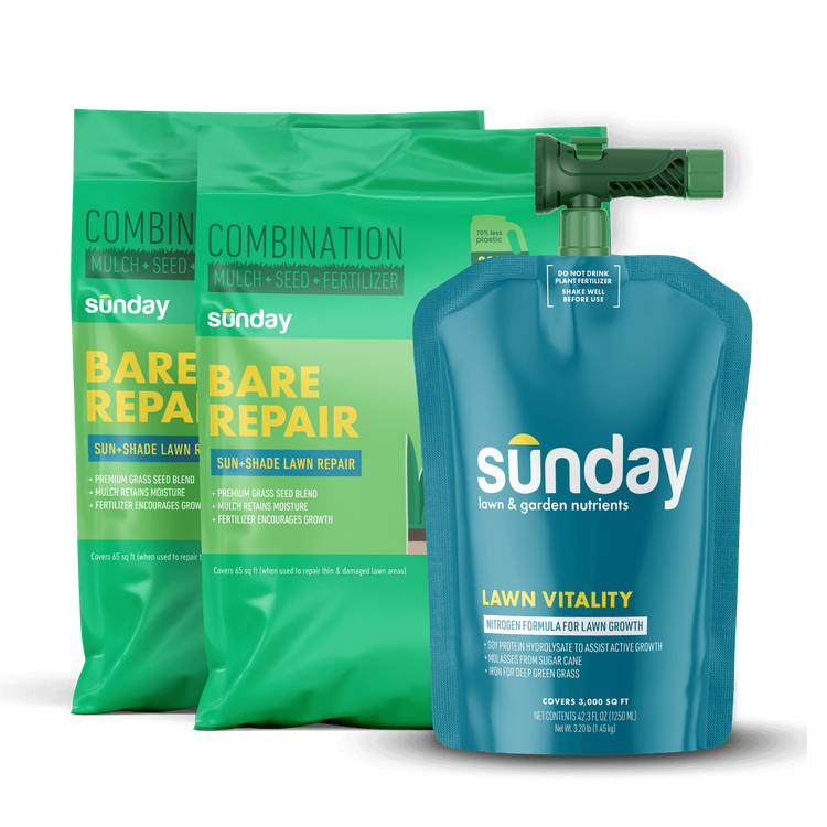 Fescue Grass Patch Kit includes: Bare Repair Sun + Shade Lawn Treatment + Grass Seed, Lawn Vitality, and NEW Replacement Sprayer