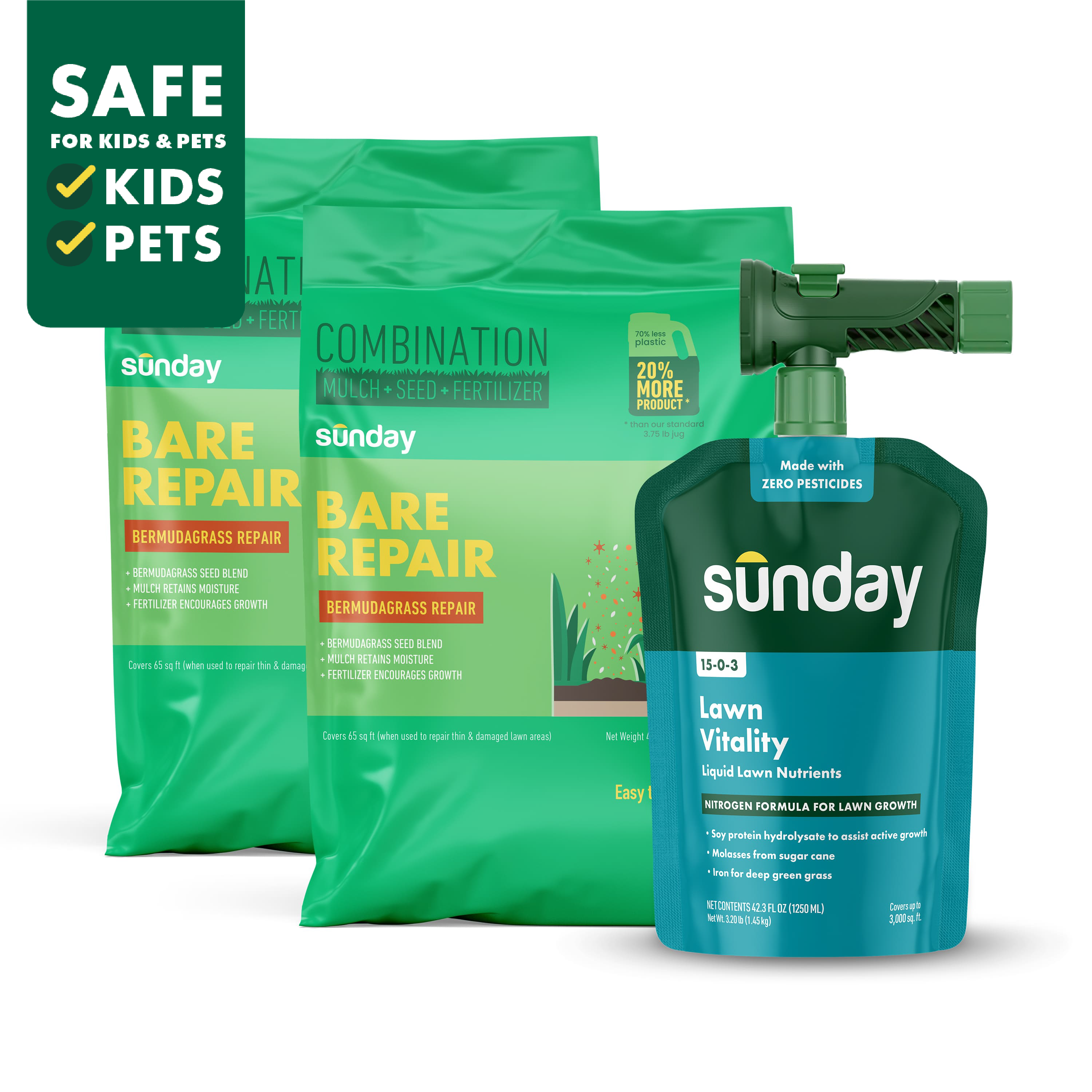 Bermudagrass Patch Kit for Common Bermudagrass Lawns includes: Bare Repair Bermudagrass Lawn Treatment + Grass Seed, Lawn Vitality, and NEW Replacement Sprayer