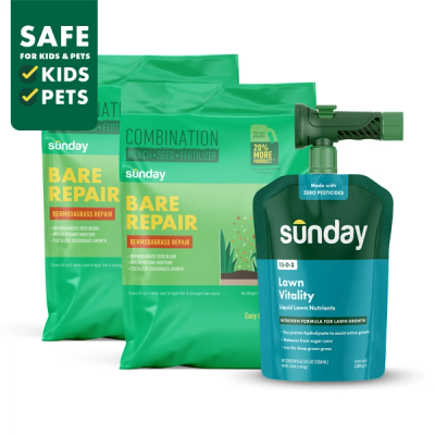 Bermudagrass Patch Kit for Common Bermudagrass Lawns includes: Bare Repair Bermudagrass Lawn Treatment + Grass Seed, Lawn Vitality, and NEW Replacement Sprayer