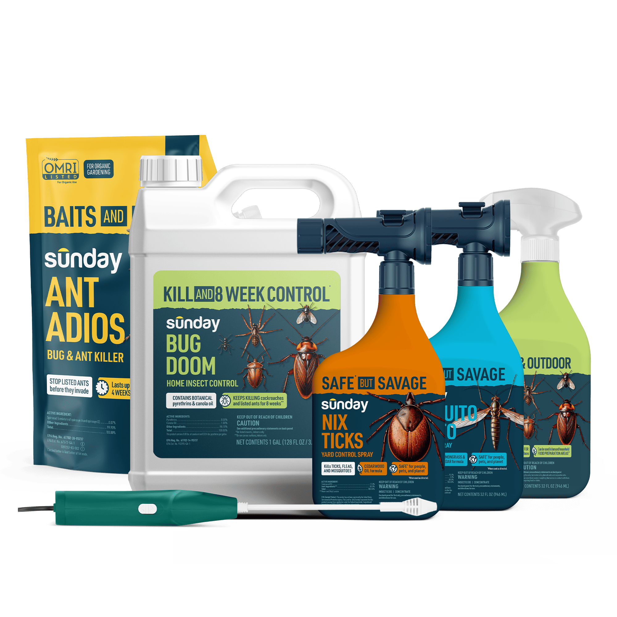 Home & Yard Pest Control Kit includes: Mosquito Deleto Bug Control Spray & Repellent, Nix Ticks Bug Control Spray, Ant Adios Insect & Ant Killer, Bug Doom Indoor Insect Spray, Trigger Sprayer, Motorized Wand Sprayer, and Bug Doom Home Barrior Spray