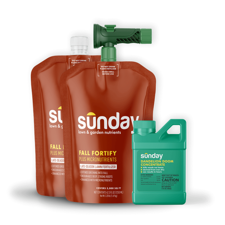 Fall to Winter Ready Lawn Kit includes: Dandelion Doom Herbicide Concentrate Refill, Sunday Herbicide Pouch, Motorized Wand Sprayer, Fall Fortify Plus Micronutrients, and NEW Replacement Sprayer