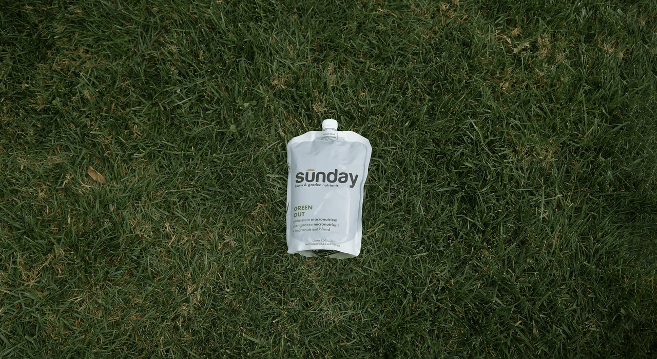 Green Out liquid lawn fertilizer pouch on lawn