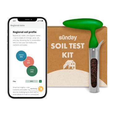 iPhone showing a “regional soil profile” chart beside a Sunday Soil Test Kit packet and a green-handled soil corer on a white background