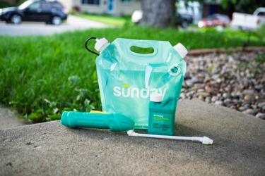 Sunday Dandelion Doom weed control kit with sprayer and refill pouch for warm-season grass fall lawn care.