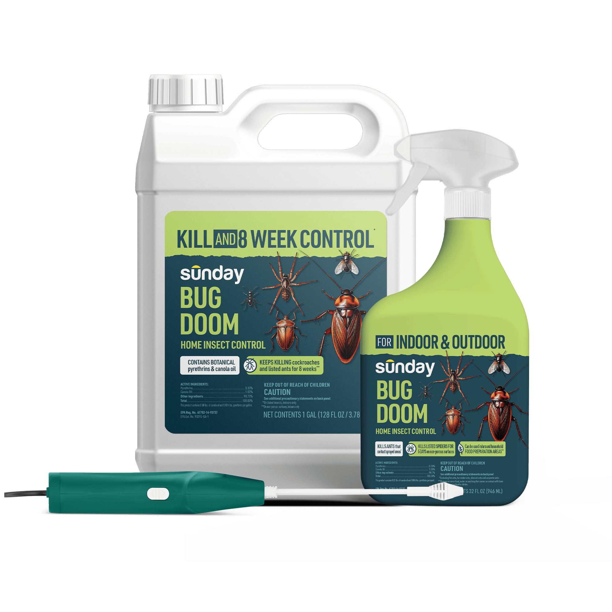 Indoor & Outdoor Pest Kit includes: Bug Doom Indoor Insect Spray, Trigger Sprayer, Motorized Wand Sprayer, and Bug Doom Home Barrior Spray