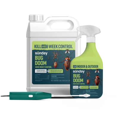 Indoor & Outdoor Pest Kit includes: Bug Doom Indoor Insect Spray, Trigger Sprayer, Motorized Wand Sprayer, and Bug Doom Home Barrior Spray