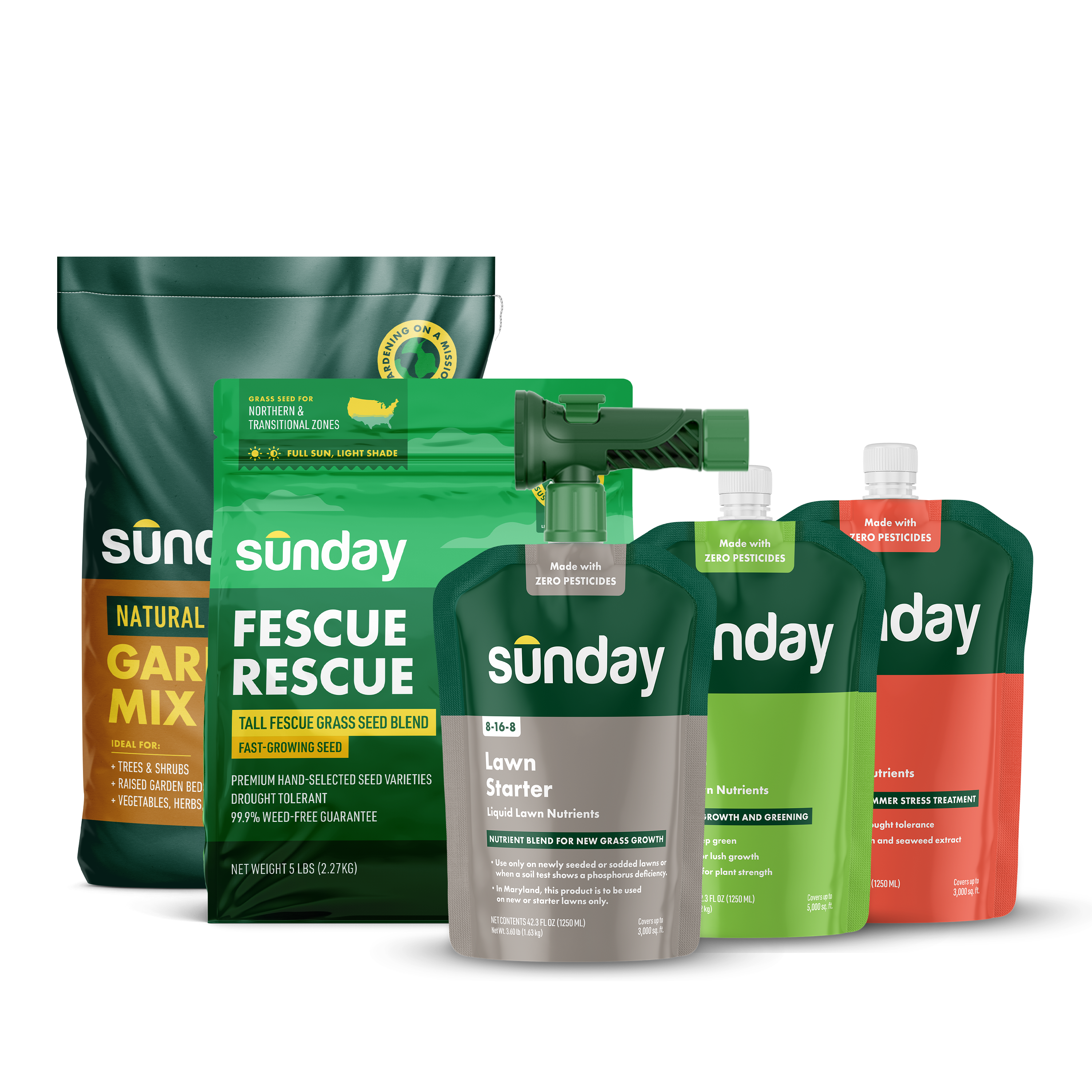 Start Your Lawn from Scratch Kit includes: Fescue Rescue Grass Seed, Lawn Starter, Lawn Kickstart, Natural Garden Soil Mix, Lawn Aid, and NEW Replacement Sprayer