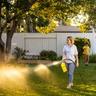 Woman watering grass with Sunday lawn nutrients