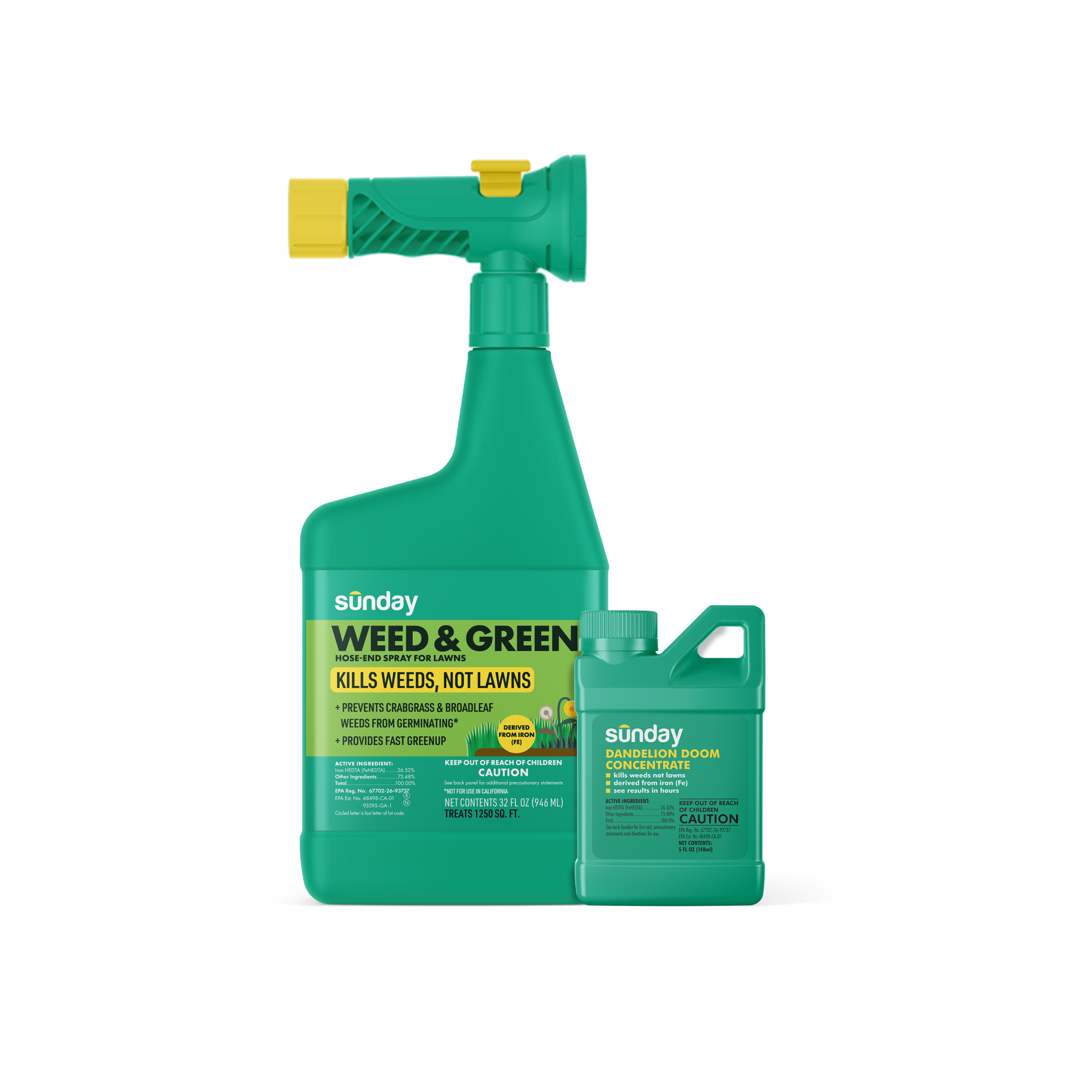 Pre-emergent & Post-emergent Weed Kit includes: Weed & Green Sprayer, Weed & Green , Dandelion Doom Herbicide Concentrate Refill, Sunday Herbicide Pouch, and Wand Sprayer