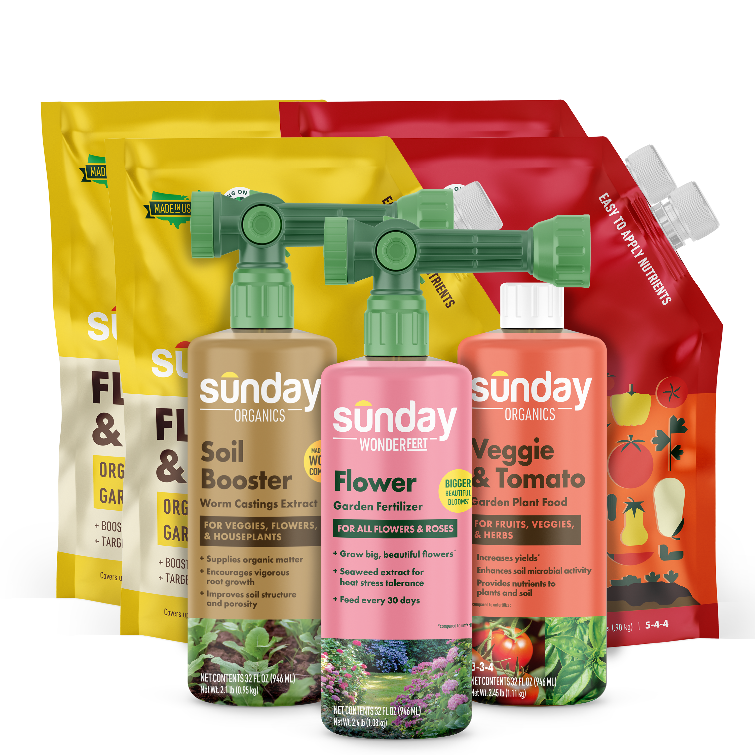 Veggie & Garden Kit includes: Flower & Rose Organic Garden Fertilizer, Veggie & Tomato Organic Garden Fertilizer, Sunday Organics Soil Booster, WonderFert Flower Garden Fertilizer, Sunday Organics Veggie & Tomato, and Hose End Garden Sprayer (Rigid)