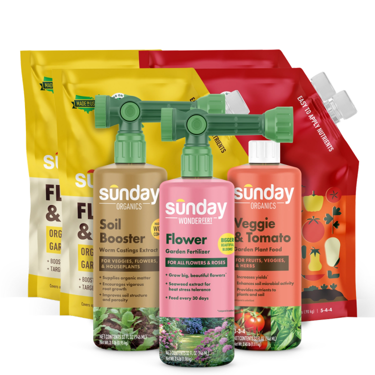 Veggie & Garden Kit includes: Flower & Rose Organic Garden Fertilizer, Veggie & Tomato Organic Garden Fertilizer, Sunday Organics Soil Booster, WonderFert Flower Garden Fertilizer, Sunday Organics Veggie & Tomato, and Hose End Garden Sprayer (Rigid)