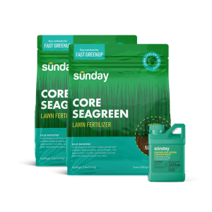 Spring Granular Fertilizer Kit includes: Core Seagreen, Sunday Herbicide Pouch, Motorized Wand Sprayer, Dandelion Doom Herbicide Concentrate Refill