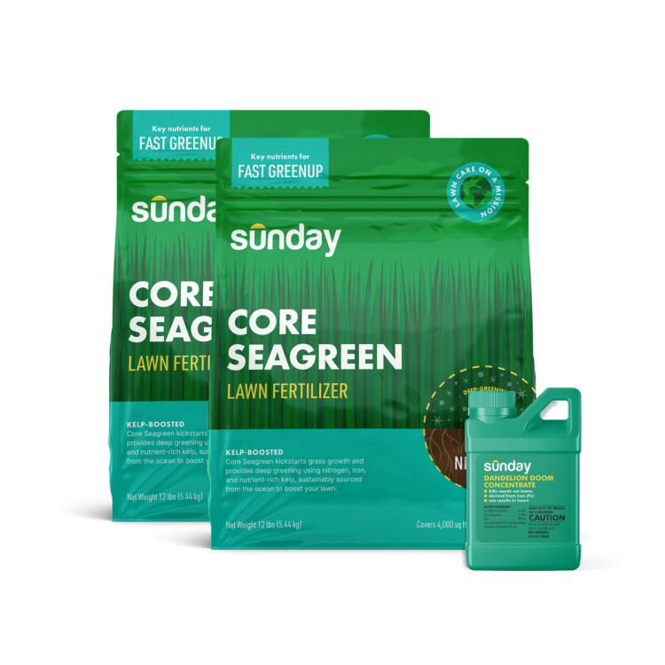 Spring Granular Fertilizer Kit includes: Core Seagreen, Sunday Herbicide Pouch, Motorized Wand Sprayer, Dandelion Doom Herbicide Concentrate Refill