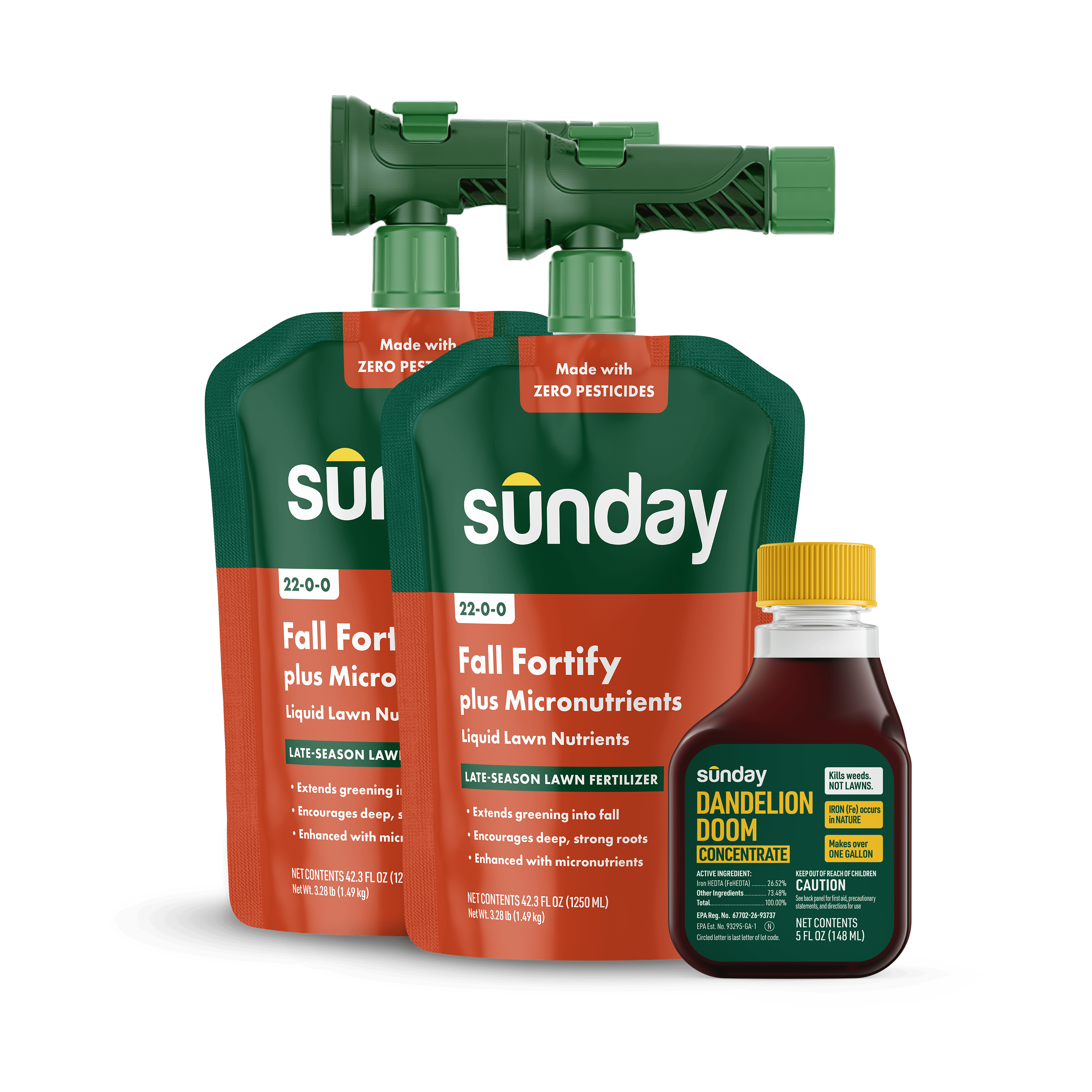 Fall to Winter Ready Lawn Kit includes: Dandelion Doom Herbicide Concentrate Refill, Sunday Herbicide Pouch, Motorized Wand Sprayer, Fall Fortify Plus Micronutrients, and NEW Replacement Sprayer