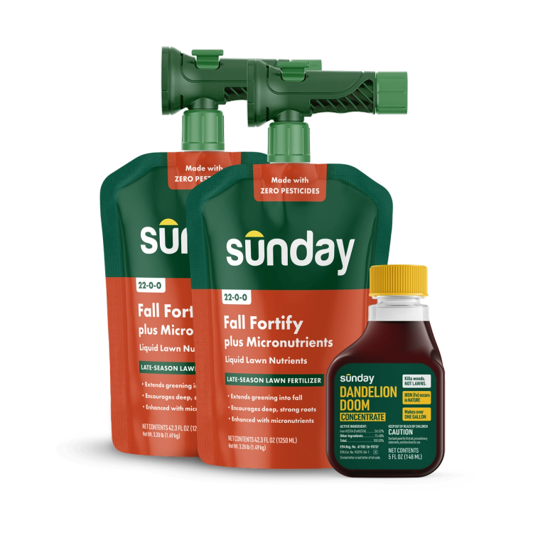 Fall to Winter Ready Lawn Kit includes: Dandelion Doom Herbicide Concentrate Refill, Sunday Herbicide Pouch, Motorized Wand Sprayer, Fall Fortify Plus Micronutrients, and NEW Replacement Sprayer
