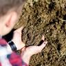 Person in a red flannel shirt holding a handful of dark, loamy soil to feel its gritty texture.