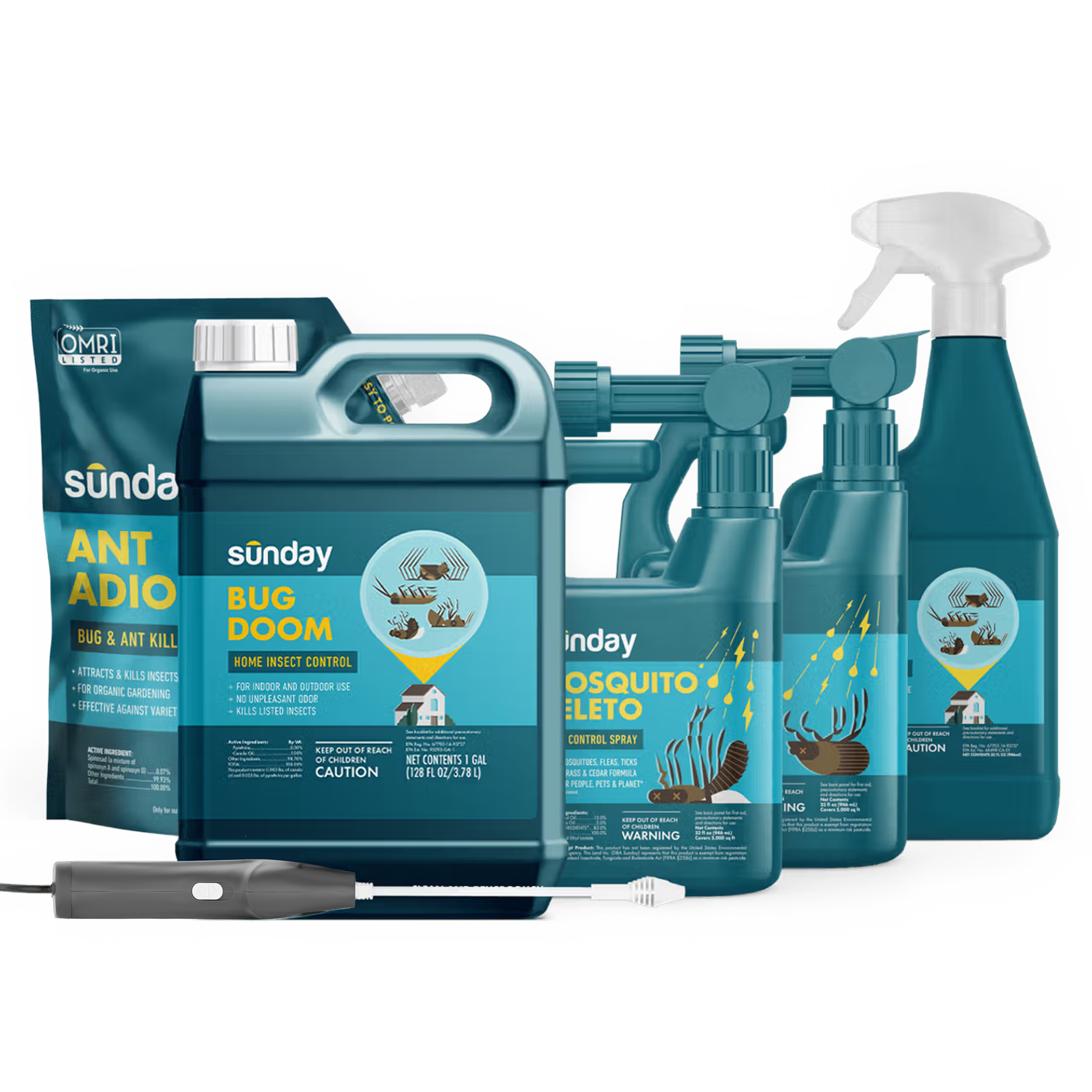 Home & Yard Pest Control Kit includes: Mosquito Deleto Bug Control Spray & Repellent, Nix Ticks Bug Control Spray, Ant Adios Insect & Ant Killer, Bug Doom Indoor Insect Spray, Trigger Sprayer, Motorized Wand Sprayer, and Bug Doom Home Barrior Spray