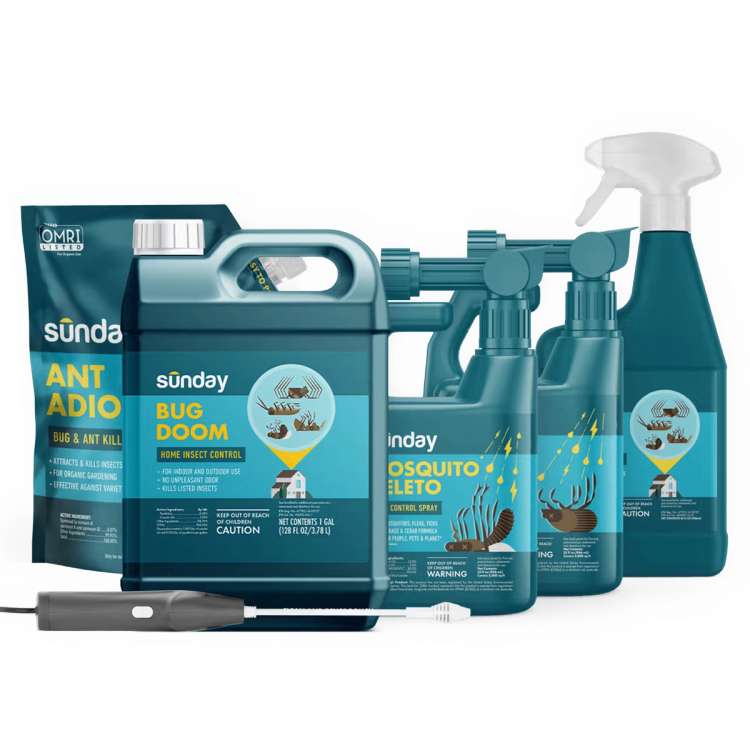Home & Yard Pest Control Kit includes: Mosquito Deleto Bug Control Spray & Repellent, Nix Ticks Bug Control Spray, Ant Adios Insect & Ant Killer, Bug Doom Indoor Insect Spray, Trigger Sprayer, Motorized Wand Sprayer, and Bug Doom Home Barrior Spray