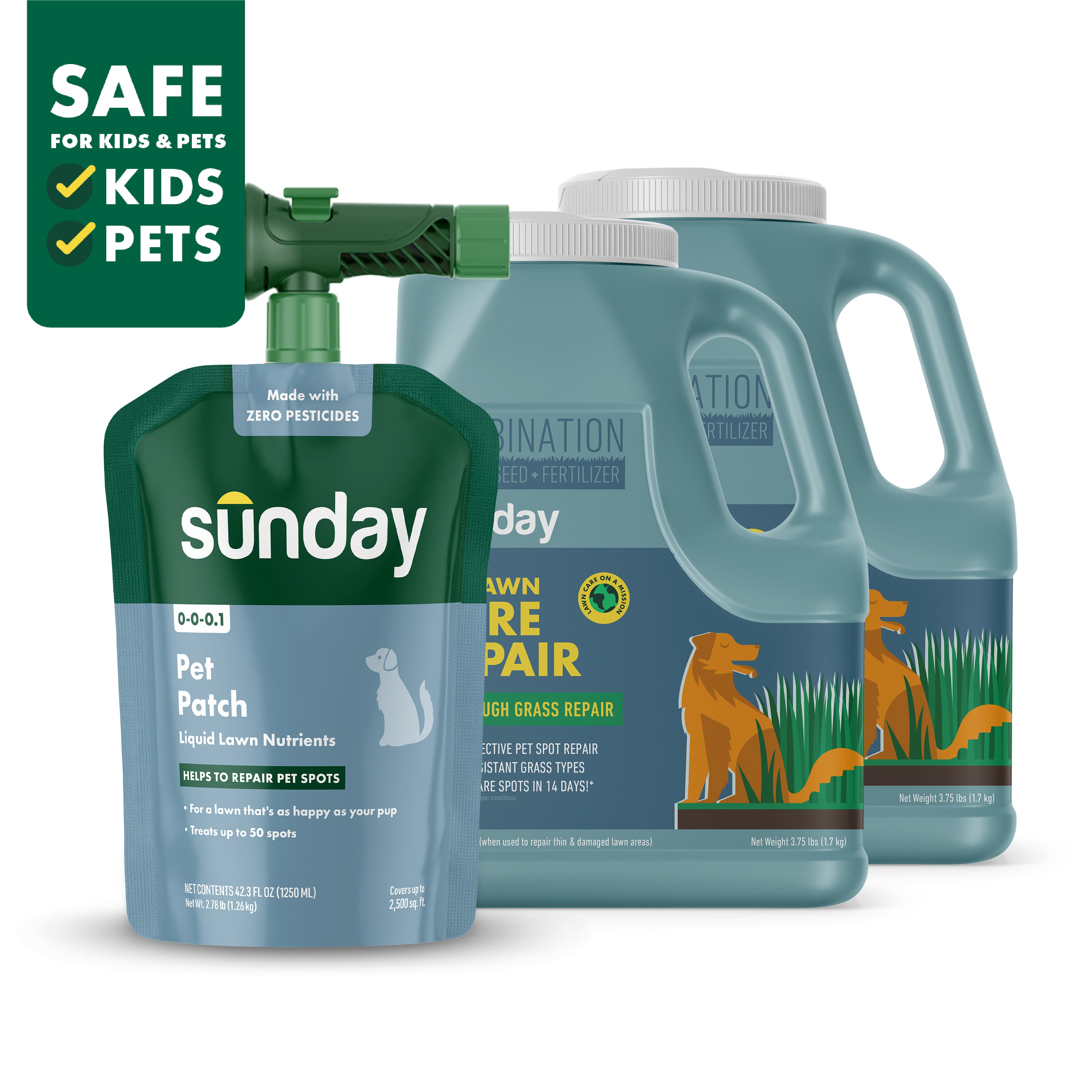 Pet Patch Kit includes: Pet Lawn Bare Repair, Pet Patch, and NEW Replacement Sprayer