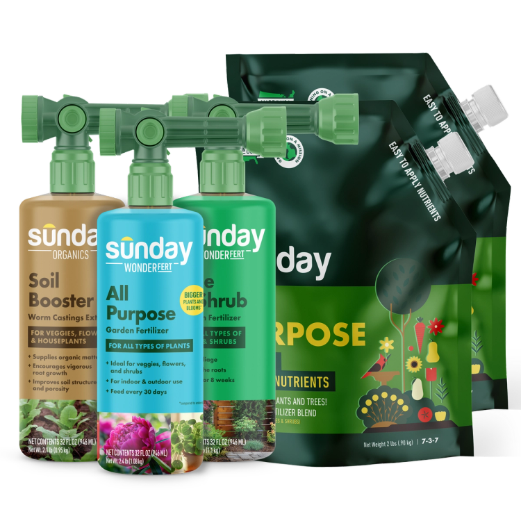 Complete Tree & Landscape Kit includes: All-Purpose Plant Food Mix, Sunday Organics Soil Booster, WonderFert All-Purpose, Hose End Garden Sprayer (Rigid), and WonderFert Tree & Shrub