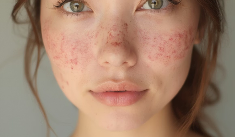 The face of a young woman experiencing some blemishes on her cheeks.