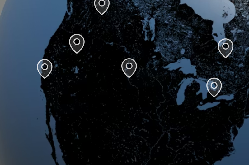 A map with white pips showing how far away you can be and still operate your Booth.Events powered photo booth with confidence.