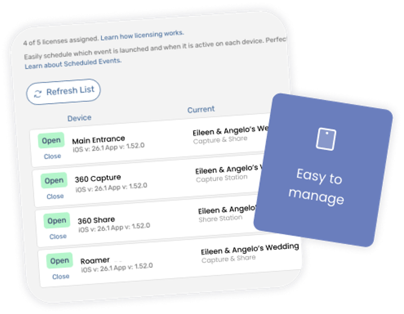 This image shows a screenshot of Booth.Events with a label saying "Easy to Manage". Booth.Events is easy to manage with Live-Sync.