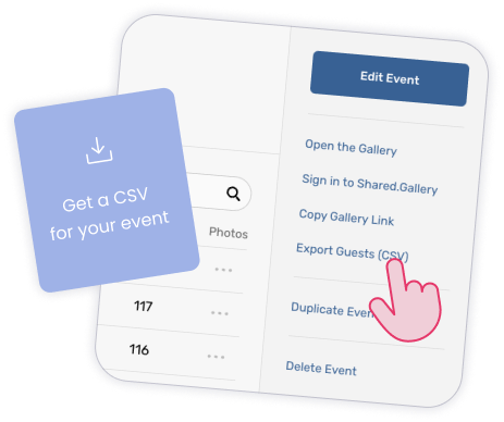 A hand hovering over the Export Guests (CSV) button in the Booth.Events dashboard.