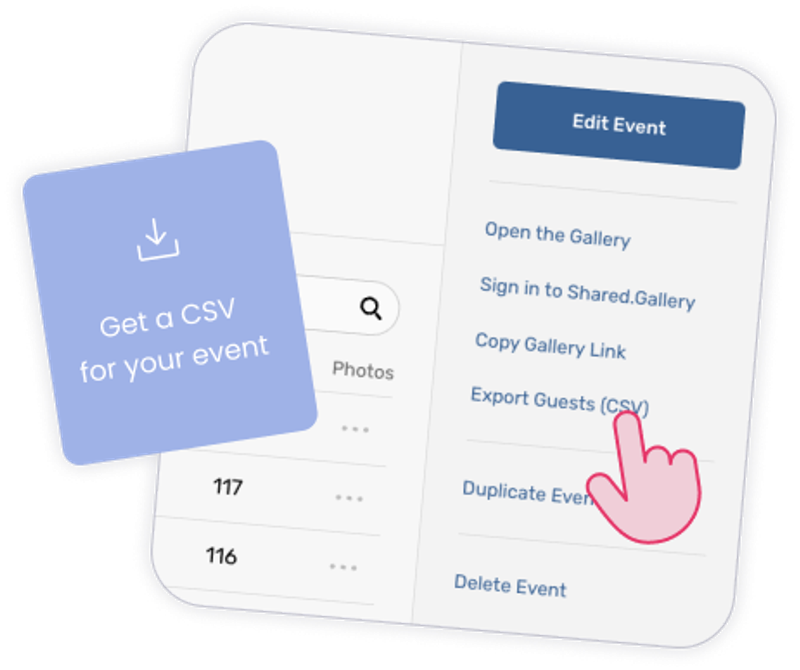 A hand hovering over the Export Guests (CSV) button in the Booth.Events dashboard.