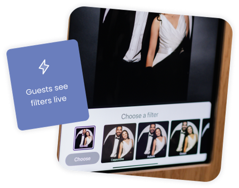 Guests See Filters Live - Image shows a guest of a photo booth selecting which feature they want, and seeing an instant live preview.