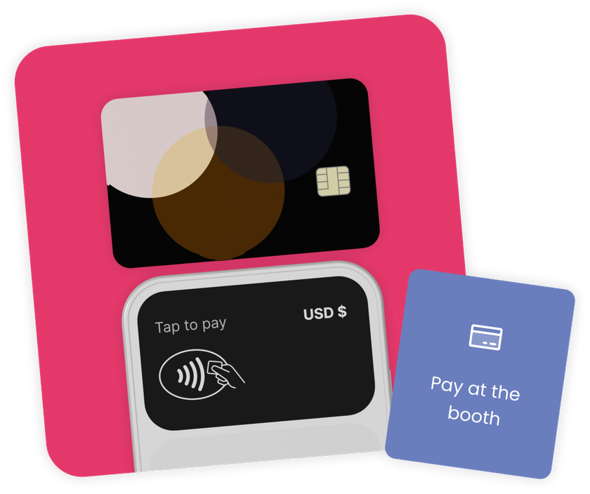 Tap to pay with Booth.Events, guests can pay right at the booth. This picture shows a card and a device to accept payment by tap
