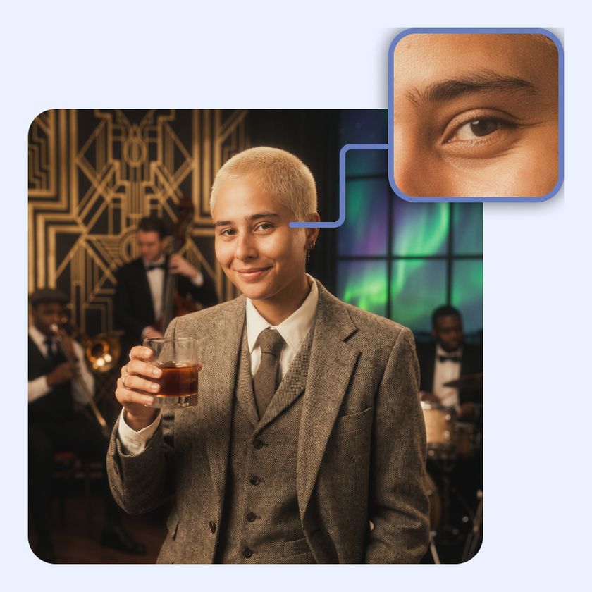 An AI generated image from Booth.Events - a woman smiles at the camera while wearing a 3 piece suit.  Over top of the image, a small inset image shows the detail available from Booth.Events and their AI tools.
