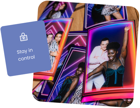 An image of a loose stack of photo booth prints on a table.  A label over the image says "Stay in control" - showing that Booth.Events allows photo booth operators to control the number of prints per session and per event.