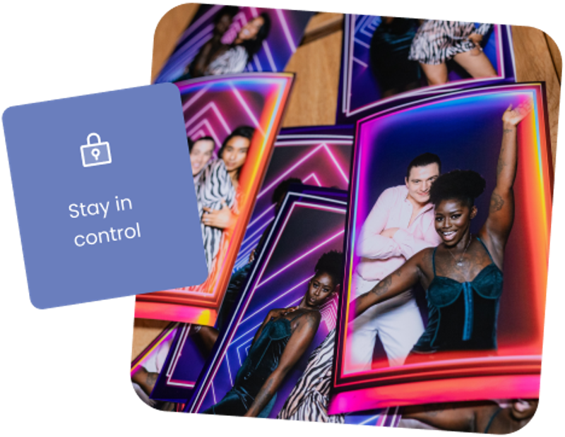 An image of a loose stack of photo booth prints on a table.  A label over the image says "Stay in control" - showing that Booth.Events allows photo booth operators to control the number of prints per session and per event.
