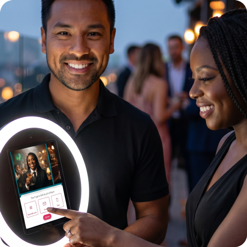 A woman is looking at her results on the screen of a roaming photo booth.  She is selecting her sharing options from the ones available from Booth.Events.  The booth operator is holding the booth and looking forward, smiling confidently. 