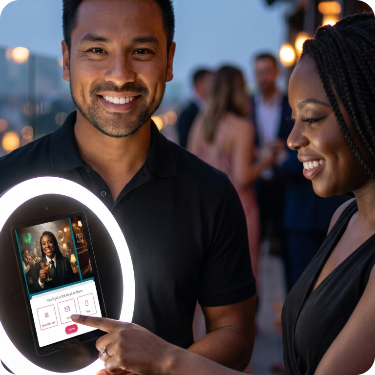 A woman is looking at her results on the screen of a roaming photo booth. She is selecting her sharing options from the ones available from Booth.Events. The booth operator is holding the booth and looking forward, smiling confidently.