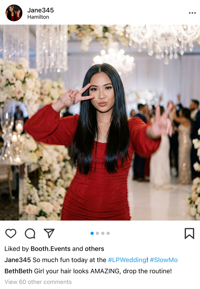 A social media post showing a guest who has used a Booth.Events photo booth with slow-mo.