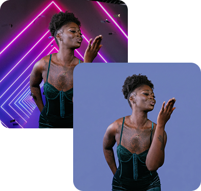 Two images showing the same woman - one with a dynamic, colourful background, and the other with a solid blue.  The background has been removed by Booth.Events photo booth software.