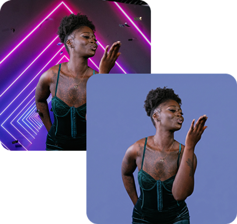 Two images showing the same woman - one with a dynamic, colourful background, and the other with a solid blue.  The background has been removed by Booth.Events photo booth software.