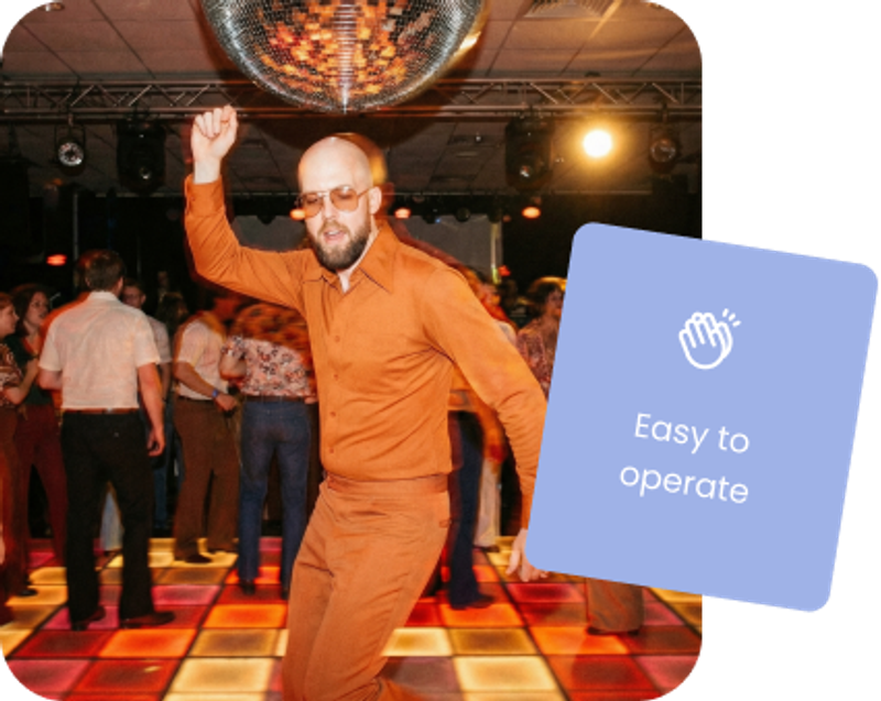 An AI generated image of a man from the Booth.Events photo booth software is dancing.  It is the 70's and things are orange.  A label over top of the image has clapping hands and says "Easy to Operate"