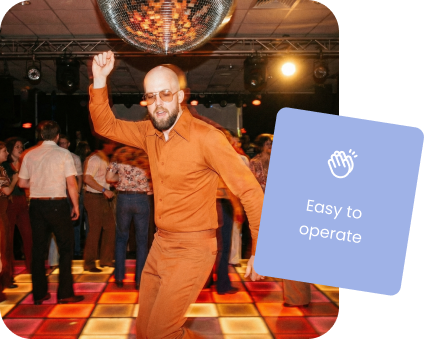 An AI generated image of a man from the Booth.Events photo booth software is dancing. It is the 70's and things are orange. A label over top of the image has clapping hands and says "Easy to Operate"