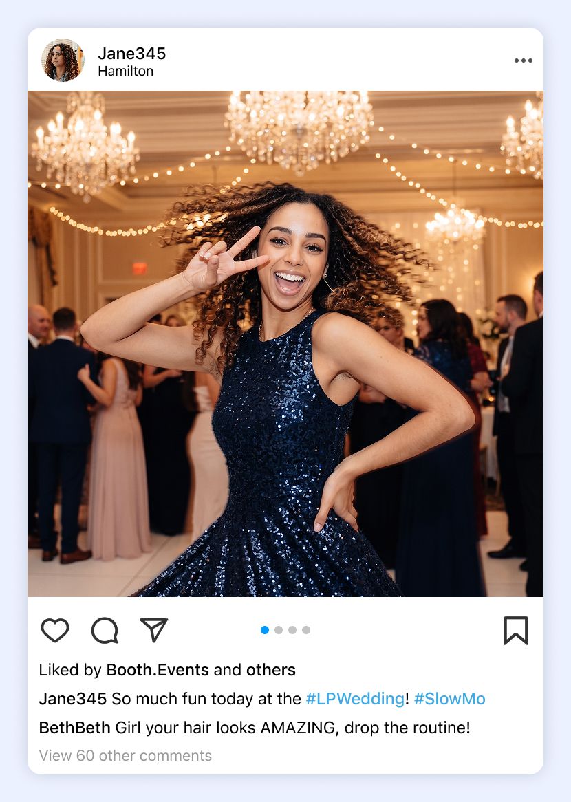 A social media post showing a guest who has used a Booth.Events photo booth with slow-mo.