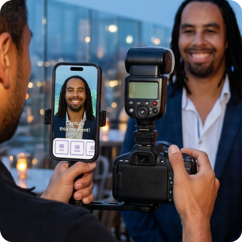 A photographer is operating a roamer photo booth using the Booth.Events photo booth application.  His iPhone is connected directly to his camera and they are and mounted and tethered together.