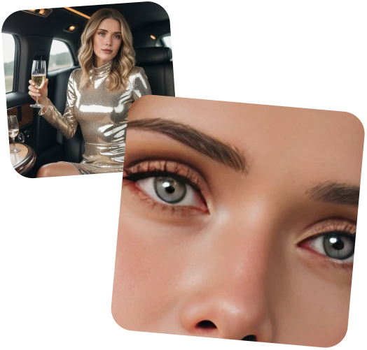 Two images - one is a close-up of a woman showing fine details, the other is pulled back and shows the same woman in a shiny dress in a limousine. 